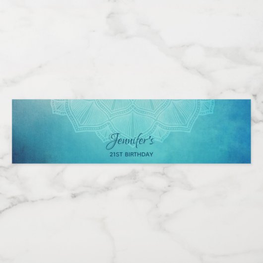 Étiquette Pour Bouteilles D'eau Joli Mandala bleu Abstrait Anniversaire (Étiquettes simples)