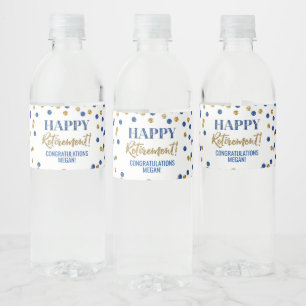 Étiquette Pour Bouteilles D'eau Joyeuse Retraite Confettis Bleu Or