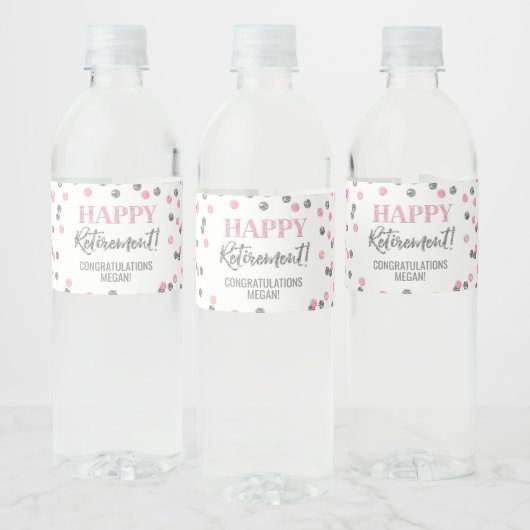 Étiquette Pour Bouteilles D'eau Joyeuse retraite confettis rose argent (Bouteilles)