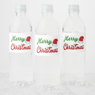 Étiquette Pour Bouteilles D'eau Joyeux Noël Santa Chapeau rouge vert script