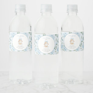 Étiquette Pour Bouteilles D'eau Lapin Mignon, Nœud Bleu, Fleurs Bleues, Premier An