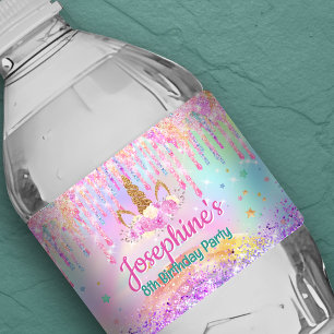 Étiquette Pour Bouteilles D'eau Licorne arc-en-ciel rose aqua anniversaire