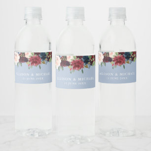 Étiquette Pour Bouteilles D'eau mariage à fleurs bleues bordeaux