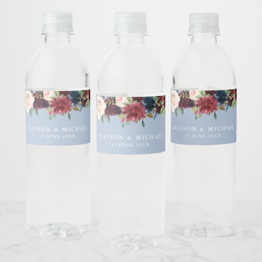 Étiquette Pour Bouteilles D'eau mariage à fleurs bleues bordeaux (Bouteilles)