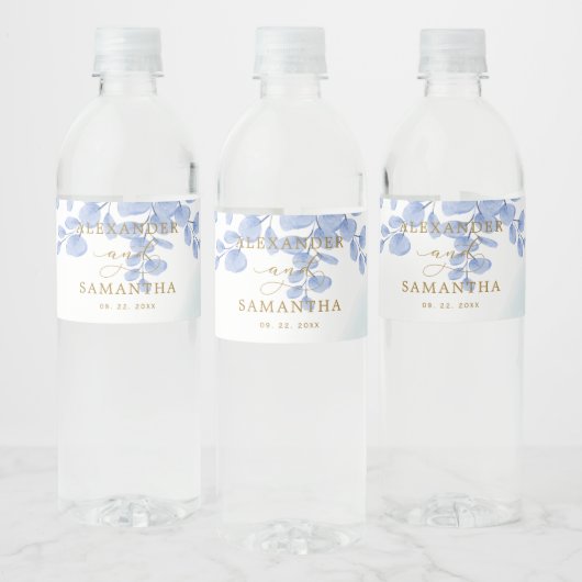 Étiquette Pour Bouteilles D'eau Mariage bleu dusty minimal Feuille d'Eucalyptus (Bouteilles)