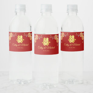 Étiquette Pour Bouteilles D'eau Mariage chinois rouge orange floral double bonheur