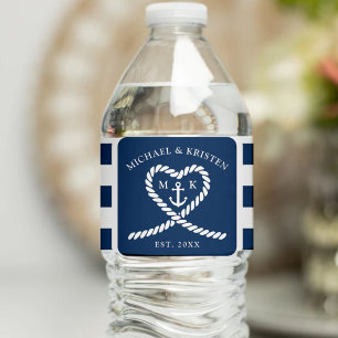 Étiquette Pour Bouteilles D'eau Mariage d'Ancre du coeur rayé bleu marine