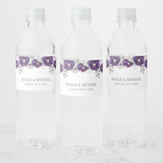 Étiquette Pour Bouteilles D'eau Mariage d'aquarelle gris violet (Bouteilles)
