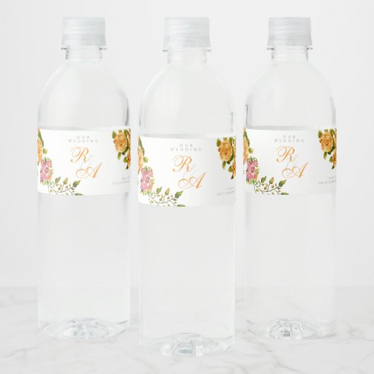 Étiquette Pour Bouteilles D'eau Mariage de monogramme de ruban Rose d'or (Bouteilles)