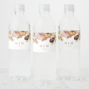 Étiquette Pour Bouteilles D'eau Mariage de monogramme floral de automne rustique