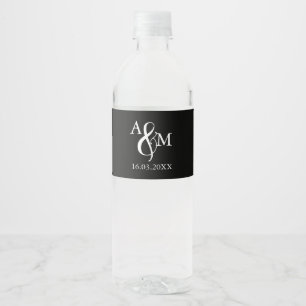 Étiquette Pour Bouteilles D'eau Mariage de monogramme noir et blanc moderne