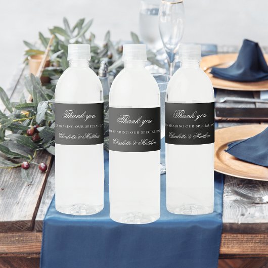 Étiquette Pour Bouteilles D'eau Mariage de script noir blanc merci