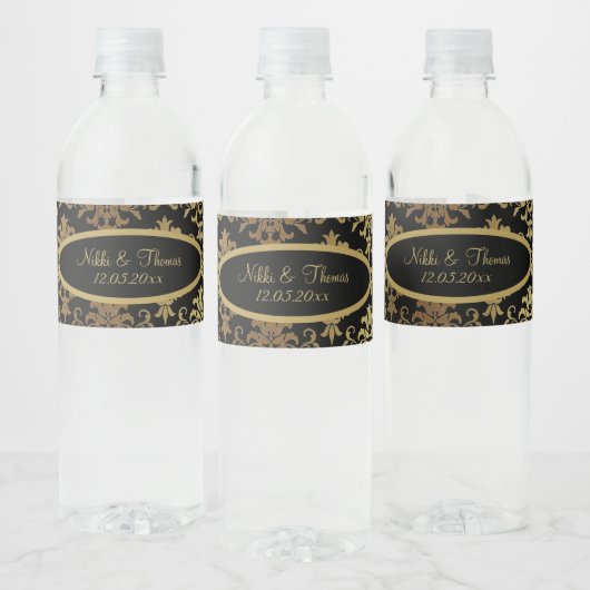 Étiquette Pour Bouteilles D'eau Mariage de script noir Gold Damask (Bouteilles)