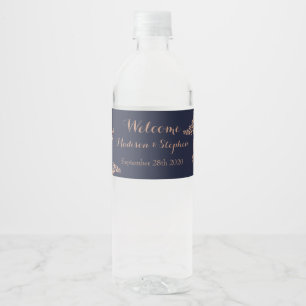 Étiquette Pour Bouteilles D'eau Mariage Élégant Bleu Marine et Or Rose Faux