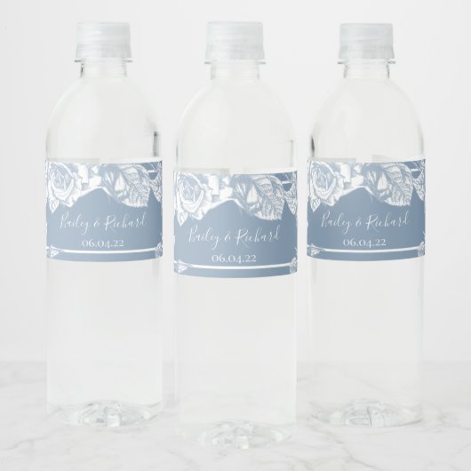 Étiquette Pour Bouteilles D'eau Mariage Fleur Bleu Poussiéreux (Bouteilles)