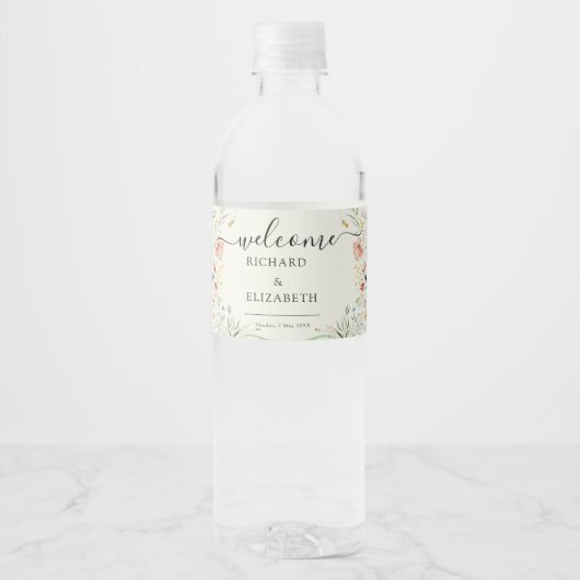 Étiquette Pour Bouteilles D'eau Mariage moderne Fleur sauvage minimal élégant (Devant)