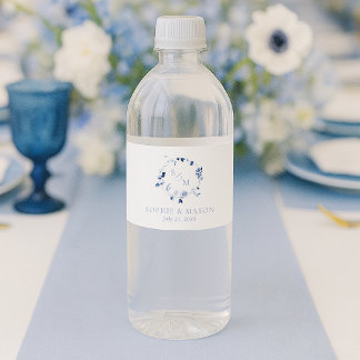 Étiquette Pour Bouteilles D'eau Mariage Monogramme Floral Bleu Poussiéreux