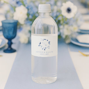 Étiquette Pour Bouteilles D'eau Mariage Monogramme Floral Bleu Poussiéreux