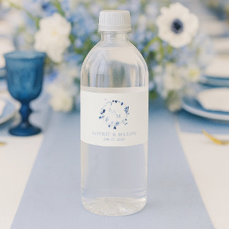 Étiquette Pour Bouteilles D'eau Mariage Monogramme Floral Bleu Poussiéreux