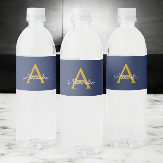 Étiquette Pour Bouteilles D'eau Marine Blue Gold Modern Script Girl Monogramme Nom