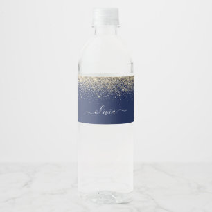 Étiquette Pour Bouteilles D'eau Marine Blue Gold Parties scintillant Élégant Monog