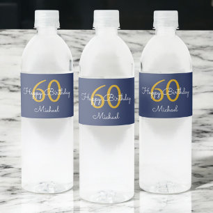 Étiquette Pour Bouteilles D'eau Marine Blue Gold Script moderne Anniversaire