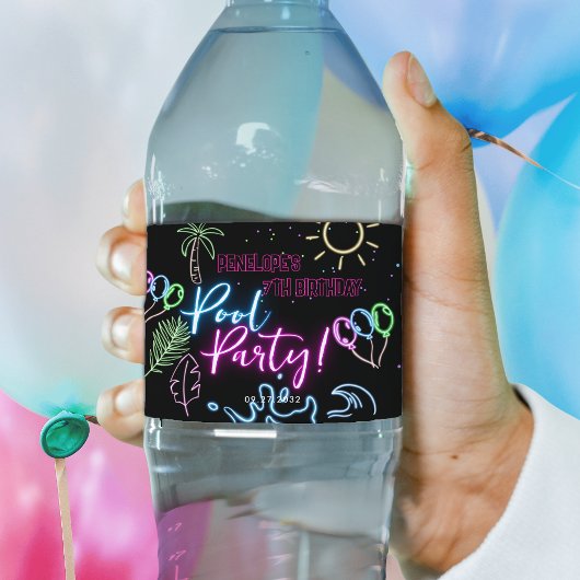 Étiquette Pour Bouteilles D'eau Modern Neon Glow Black Pool Party Birthday