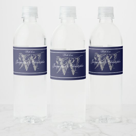 Étiquette Pour Bouteilles D'eau Monogramme argenté Noms Élégant Mariage bleu marin (Bouteilles)