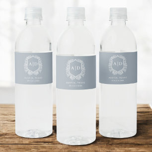 Étiquette Pour Bouteilles D'eau Monogramme bleu foncé Mariage Floral Crest