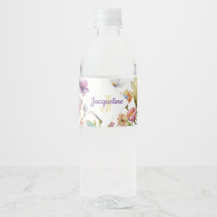 Étiquette Pour Bouteilles D'eau Monogramme Fleur sauvage colorée illustrée