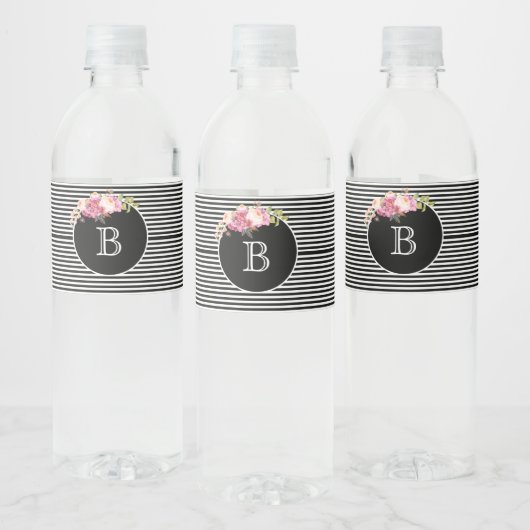 Étiquette Pour Bouteilles D'eau Monogramme Grandes noires et blanches (Bouteilles)