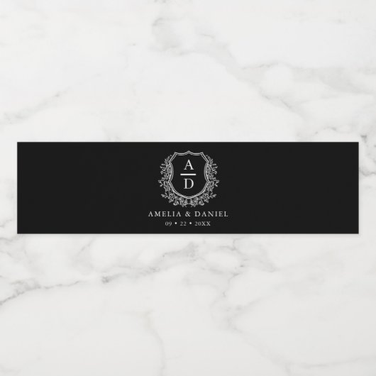 Étiquette Pour Bouteilles D'eau Monogramme noir Mariage Floral Crest (Étiquettes simples)
