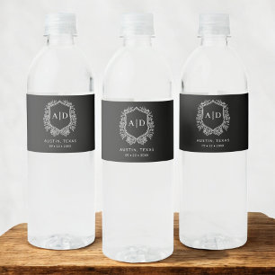 Étiquette Pour Bouteilles D'eau Monogramme noir Mariage Floral Crest