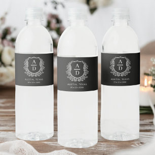 Étiquette Pour Bouteilles D'eau Monogramme noir Mariage Floral Crest