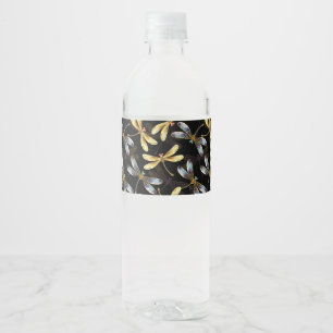 Étiquette Pour Bouteilles D'eau Motif sans couture avec libellules dorées
