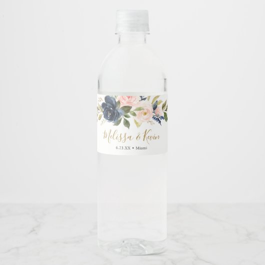 Étiquette Pour Bouteilles D'eau Navy et floral rose (Devant)