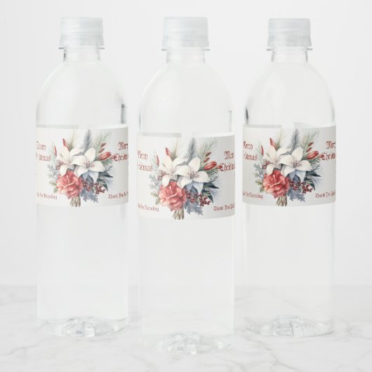 Étiquette Pour Bouteilles D'eau Noël Blanc Fleurs Rouges Vacances Élégant (Bouteilles)