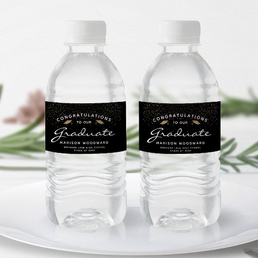 Étiquette Pour Bouteilles D'eau Noir Blanc Script Gold Casquette Graduation