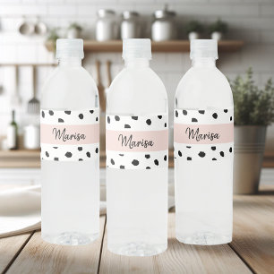 Étiquette Pour Bouteilles D'eau Nom du monogramme moderne   Points rose et noir Pa