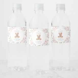 Étiquette Pour Bouteilles D'eau Nounours en peluche, Nœud rose, Fleurs roses, Prem