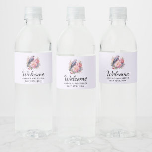 Étiquette Pour Bouteilles D'eau Oiseau chanteur debout sur un mariage de pivoines