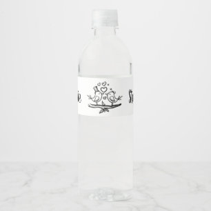 Étiquette Pour Bouteilles D'eau Oiseaux fiançailles Mariage Lovebirds blancs noirs