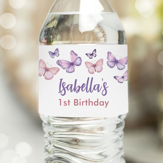 Étiquette Pour Bouteilles D'eau Papillon floral rose pourpre fille 1er anniversair