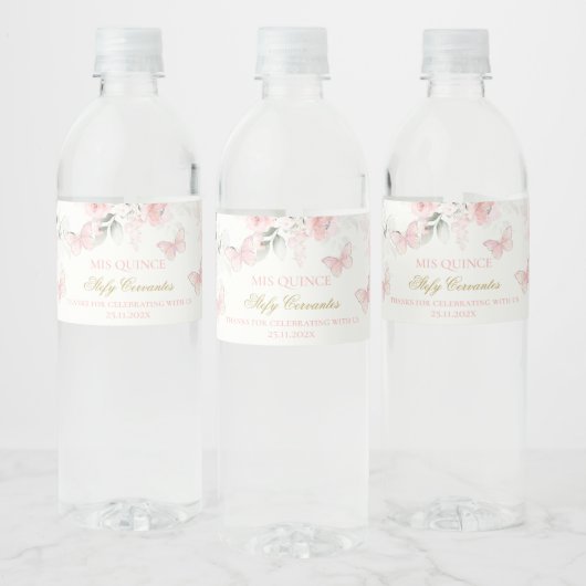 Étiquette Pour Bouteilles D'eau Papillon rose Quinceañera (Bouteilles)