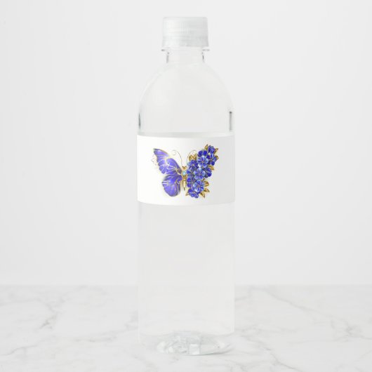 Étiquette Pour Bouteilles D'eau Papillon saphir à fleurs (Devant)