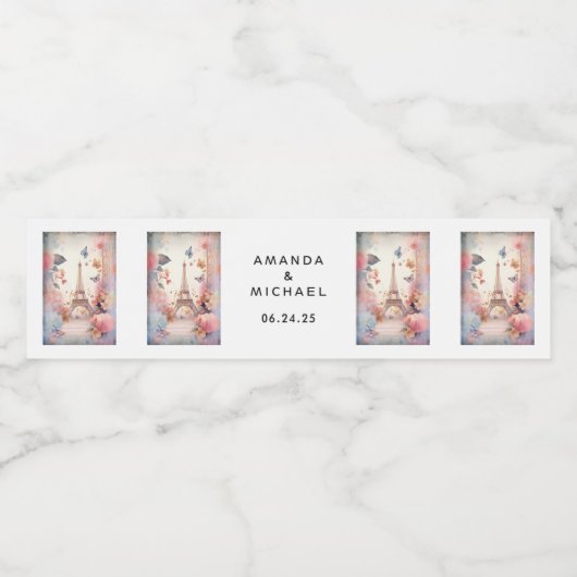 Étiquette Pour Bouteilles D'eau Papillons et fleurs Tour Eiffel - Mariage (Étiquettes simples)