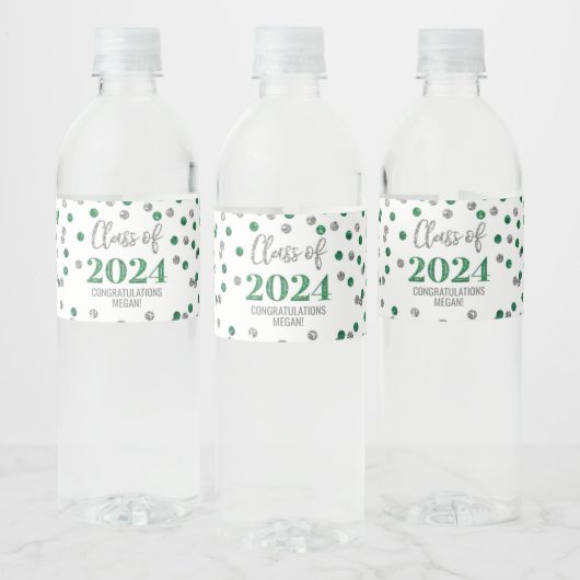 Étiquette Pour Bouteilles D'eau Parties scintillant d'argent vert Confetti Graduat (Bouteilles)