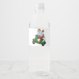 Étiquette Pour Bouteilles D'eau Père Noël et Mme Claus chevauchant un scooter