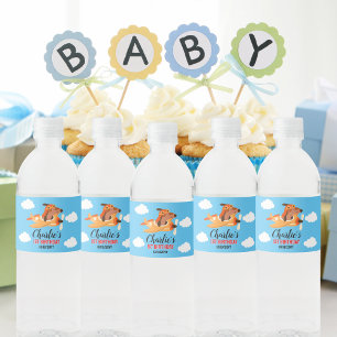 Étiquette Pour Bouteilles D'eau Pilote de chien avion volant, Enfants mignons bleu