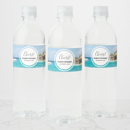 Étiquette Pour Bouteilles D'eau Pittoresque plage tropicale avec Mariage de paillo (Bouteilles)